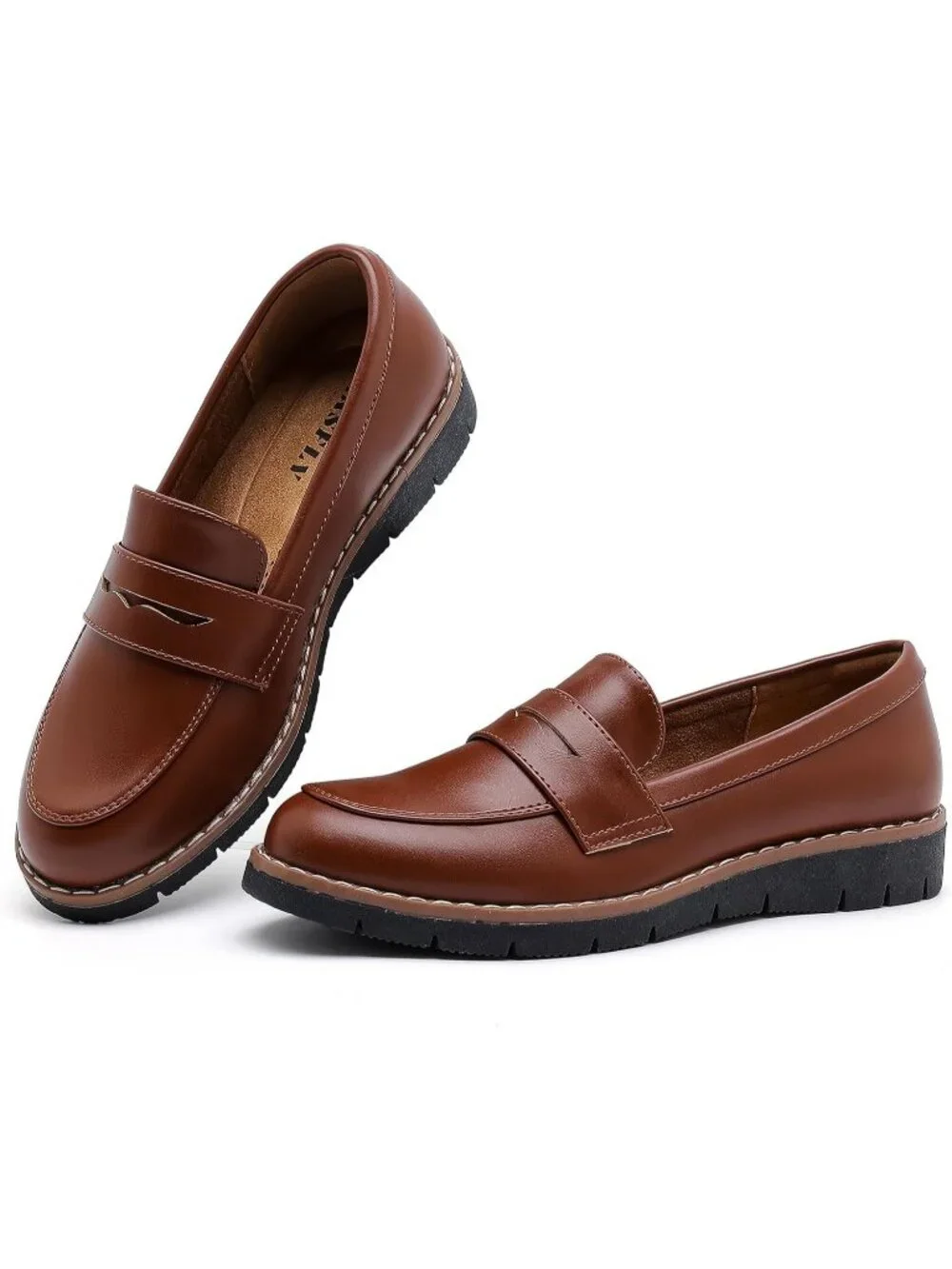 🆕Women's Classic Brown Round Toe Platform Chunky Heeled Loafers Business Shoes